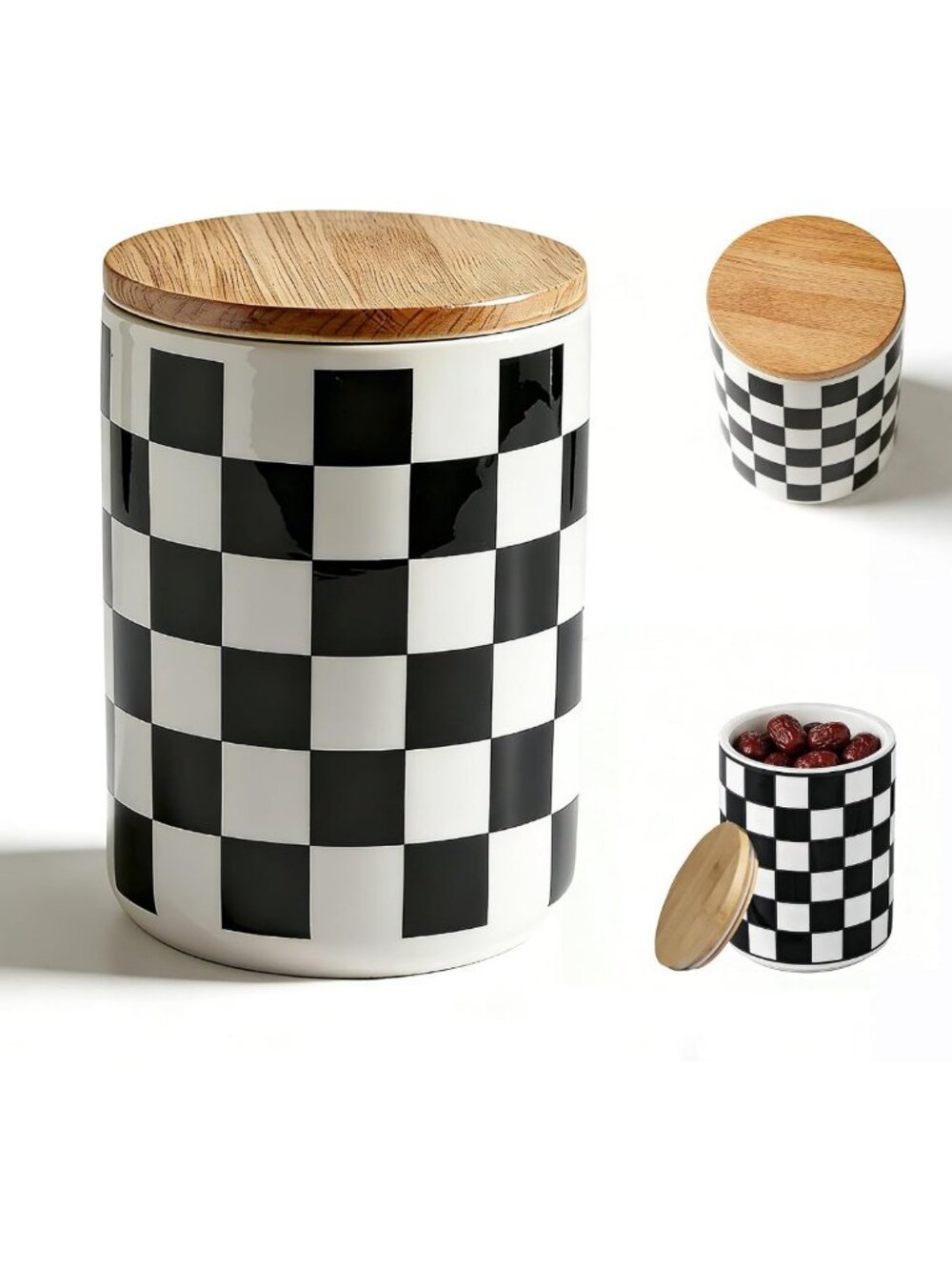 Checkered Ceramic Sugar Container with Wooden Lid | Stylish Kitchen Storage for